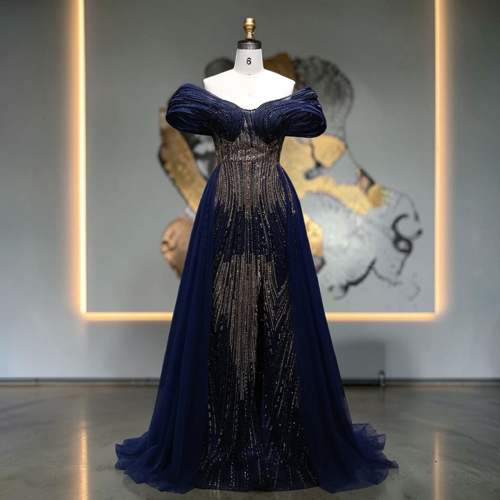 Aurora Radiance Off-Shoulder Crystal Evening Gown - Blue