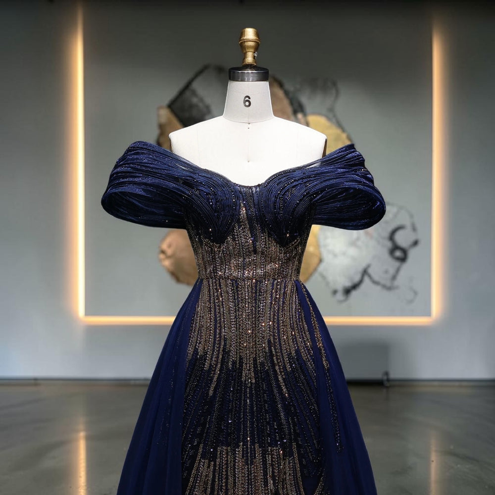 Aurora Radiance Off-Shoulder Crystal Evening Gown - Blue