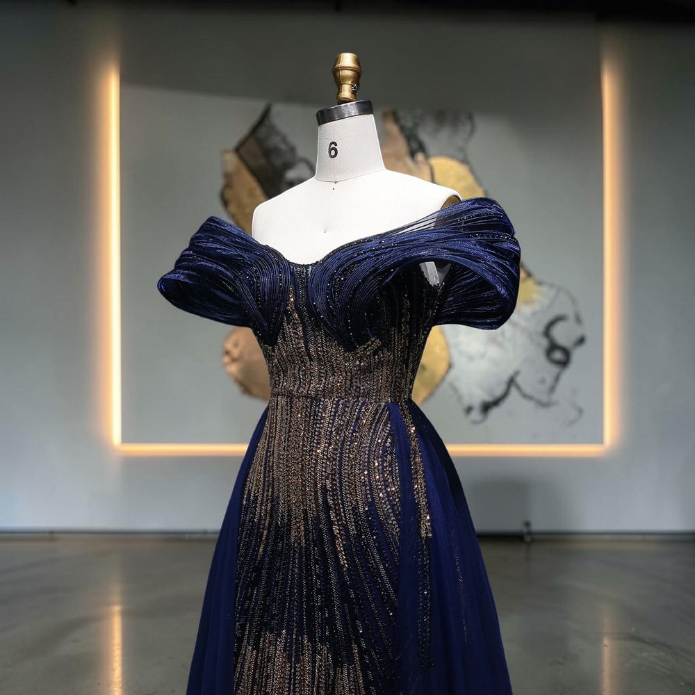 Aurora Radiance Off-Shoulder Crystal Evening Gown - Blue