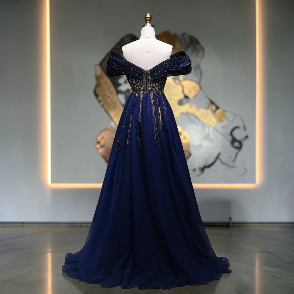 Aurora Radiance Off-Shoulder Crystal Evening Gown - Blue