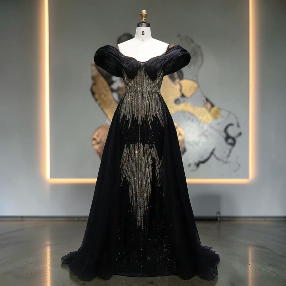 Aurora Radiance Off-Shoulder Crystal Evening Gown - Black