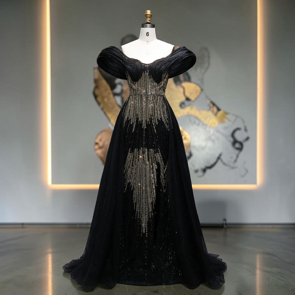 Aurora Radiance Off-Shoulder Crystal Evening Gown - Black