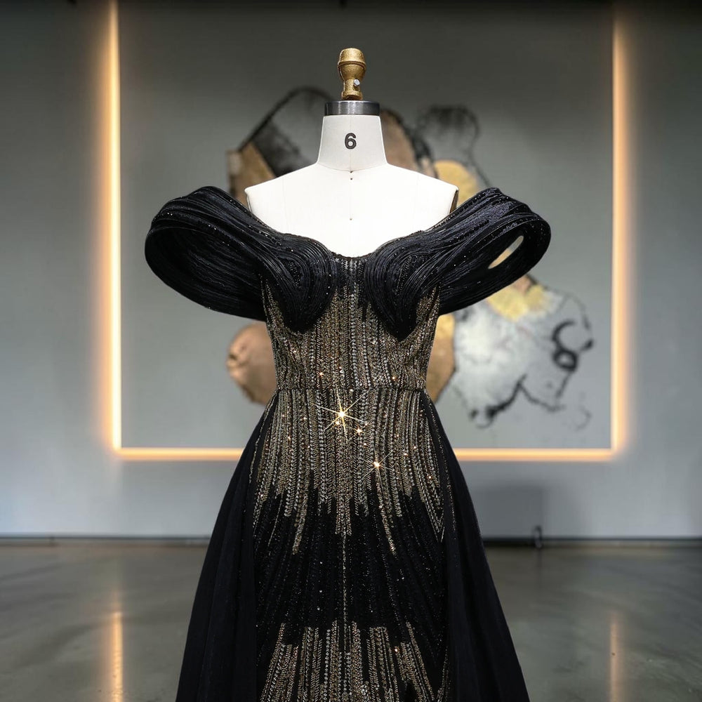 Aurora Radiance Off-Shoulder Crystal Evening Gown - Black