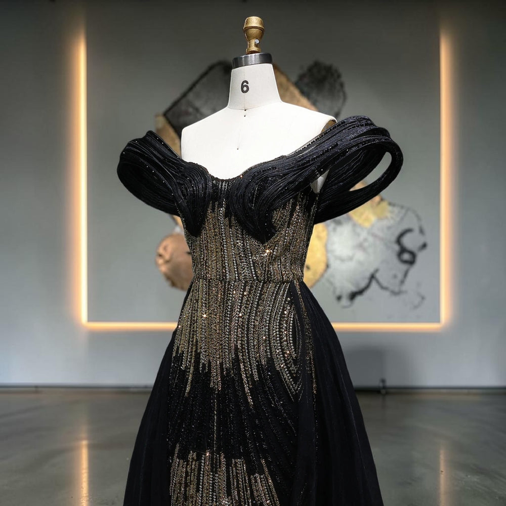 Aurora Radiance Off-Shoulder Crystal Evening Gown - Black