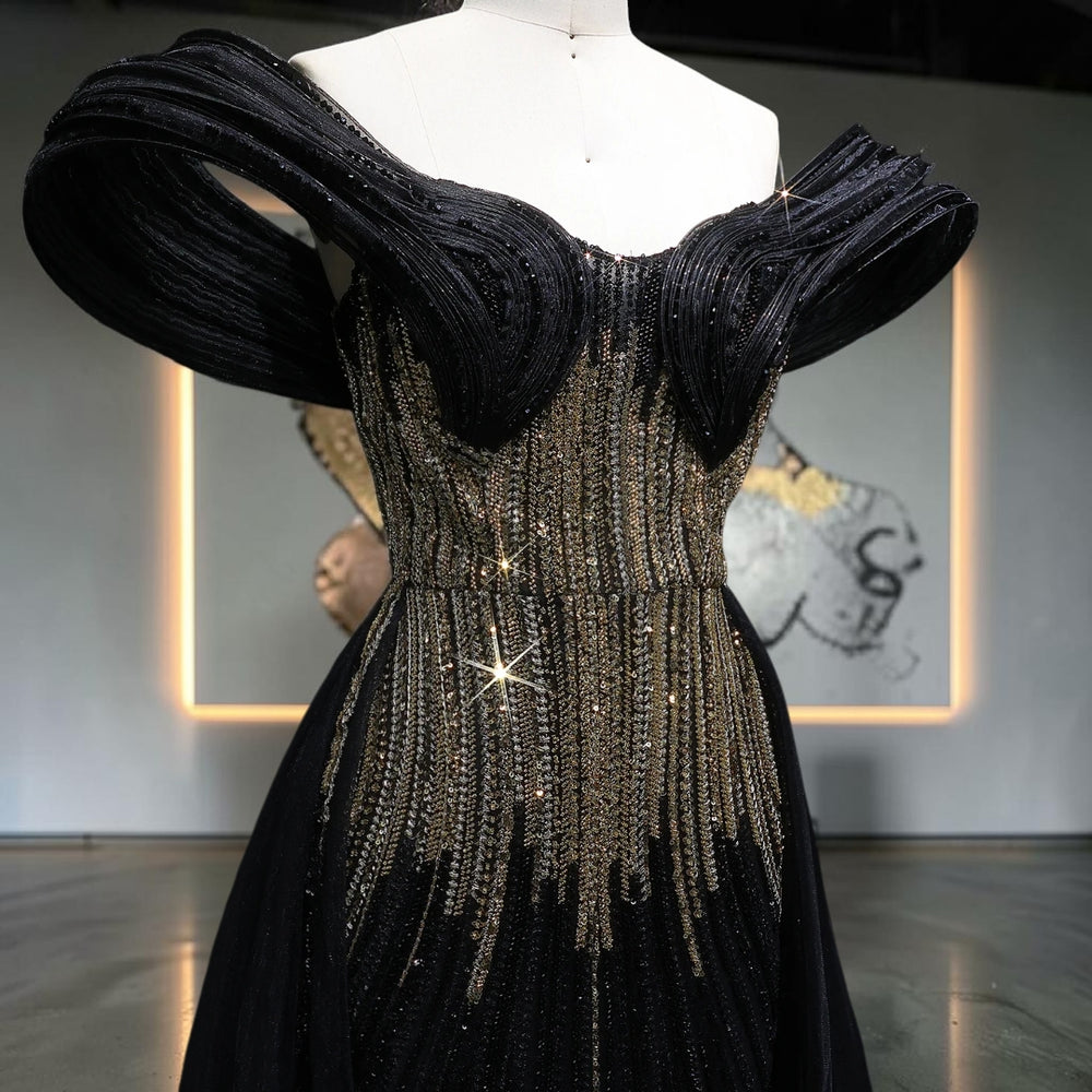 Aurora Radiance Off-Shoulder Crystal Evening Gown - Black