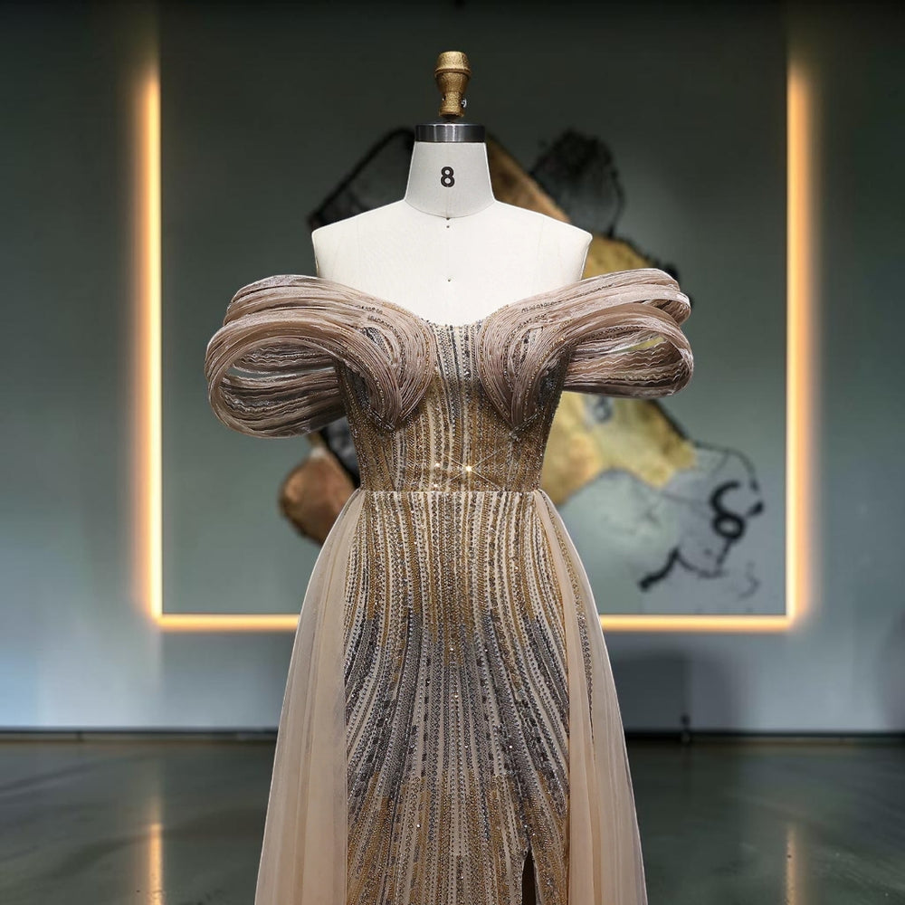Aurora Radiance Off-Shoulder Crystal Evening Gown - Gold