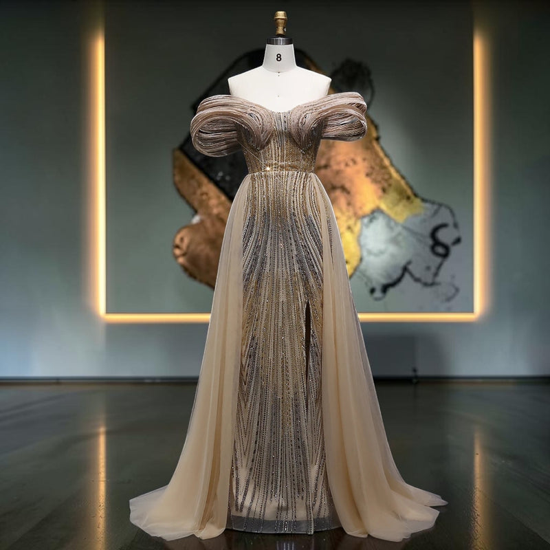 Aurora Radiance Off-Shoulder Crystal Evening Gown - Gold