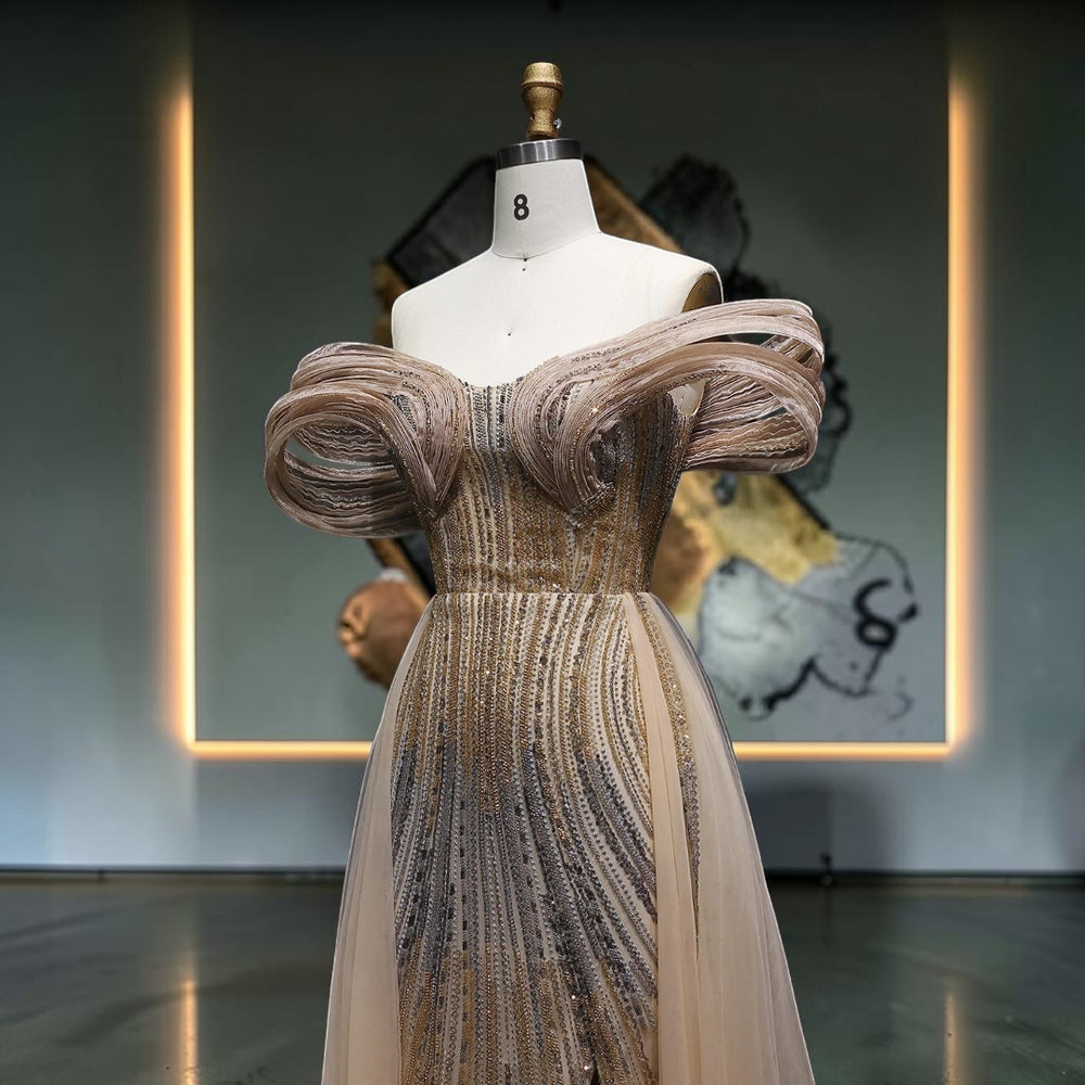 Aurora Radiance Off-Shoulder Crystal Evening Gown - Gold
