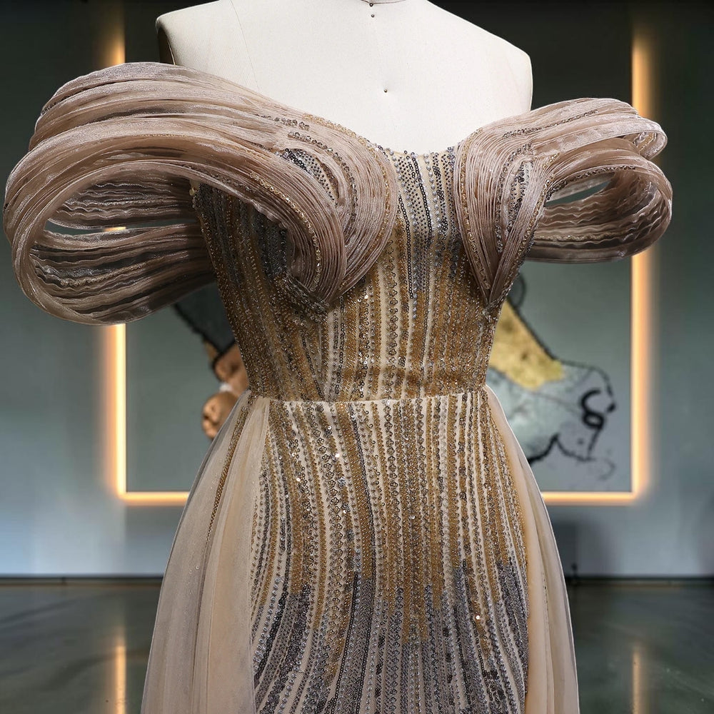 Aurora Radiance Off-Shoulder Crystal Evening Gown - Gold