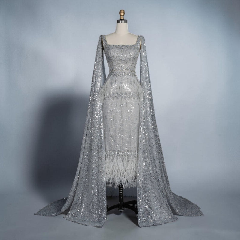 Celeste Cape Gown – Luxury Crystal Feather Evening Dress - Silver