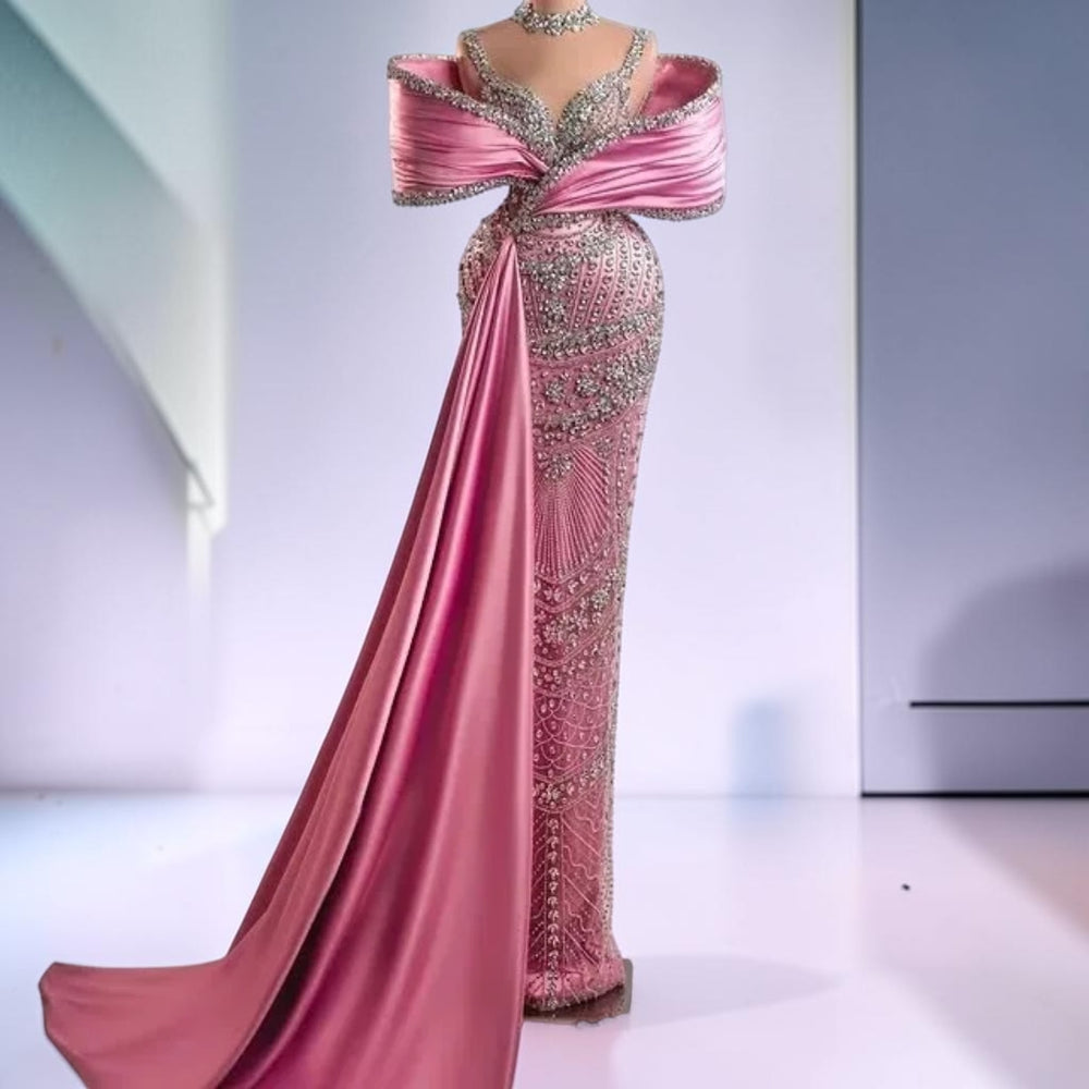 Blush Royale Crystal Draped Couture Gown