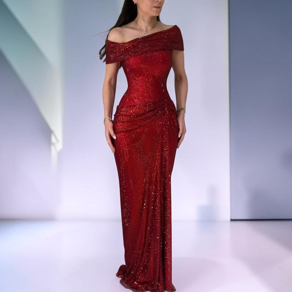 Ruby Starlight Off-Shoulder Crystal Gown