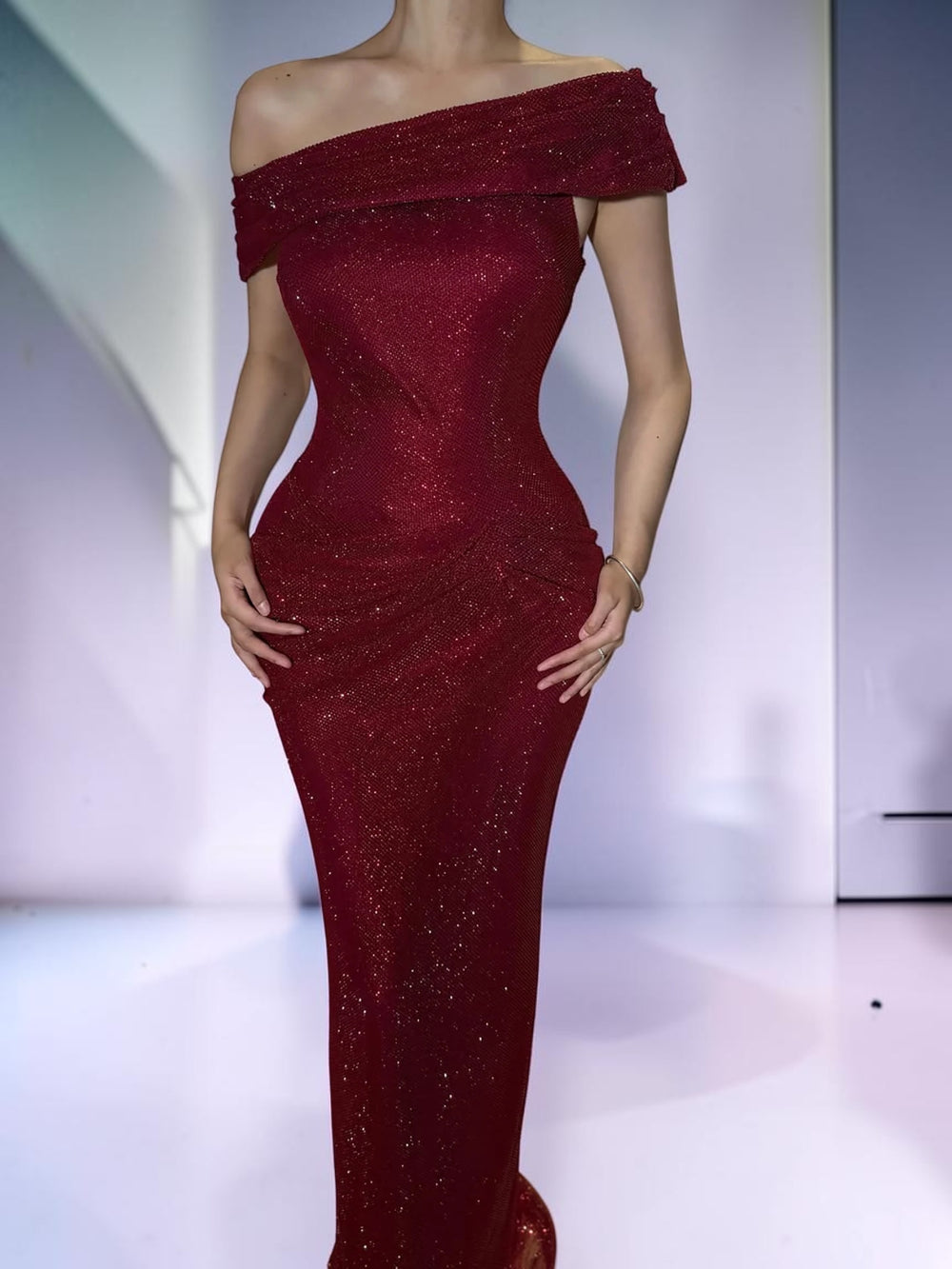 Ruby Starlight Off-Shoulder Crystal Gown
