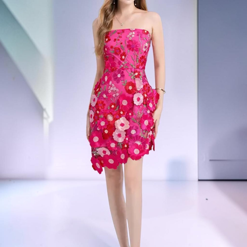 Garden Couture™ Floral Embroidered Strapless Mini Dress - Hot Pink