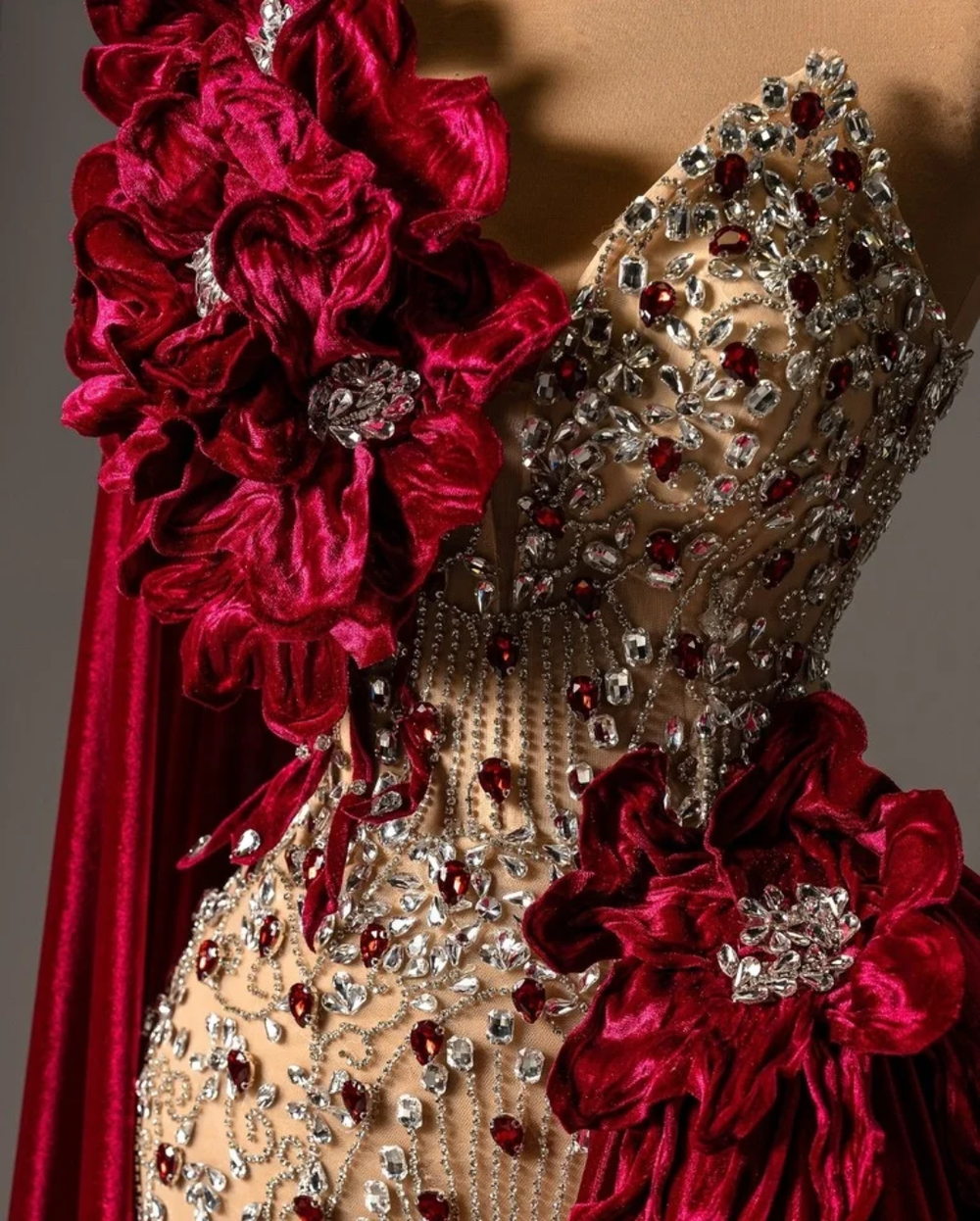 Crimson Royale Blossom Cape Couture Gown