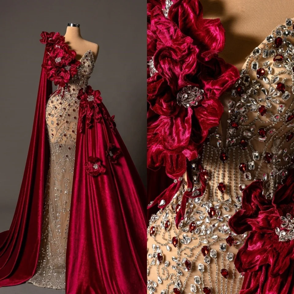 Crimson Royale Blossom Cape Couture Gown
