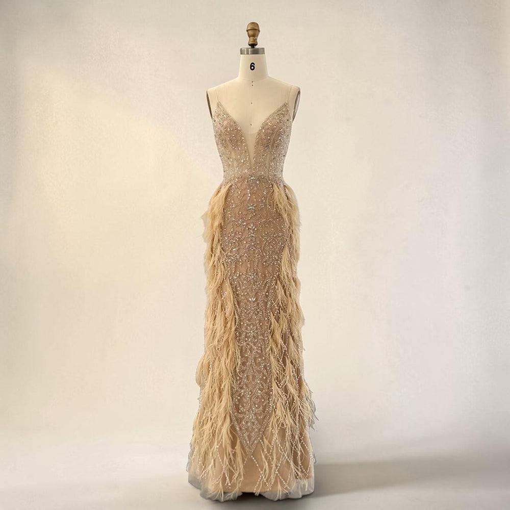 Ethereal Luxe Feather Gown - Beige