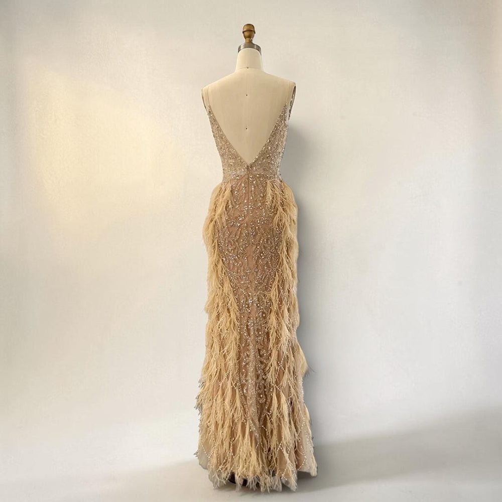 Ethereal Luxe Feather Gown - Beige