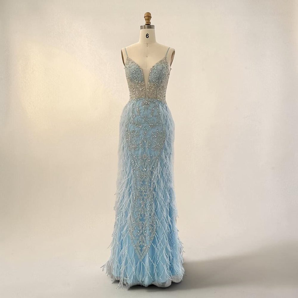 Ethereal Luxe Feather Gown - Blue