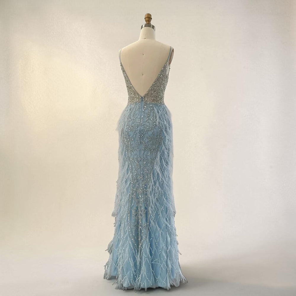Ethereal Luxe Feather Gown - Blue