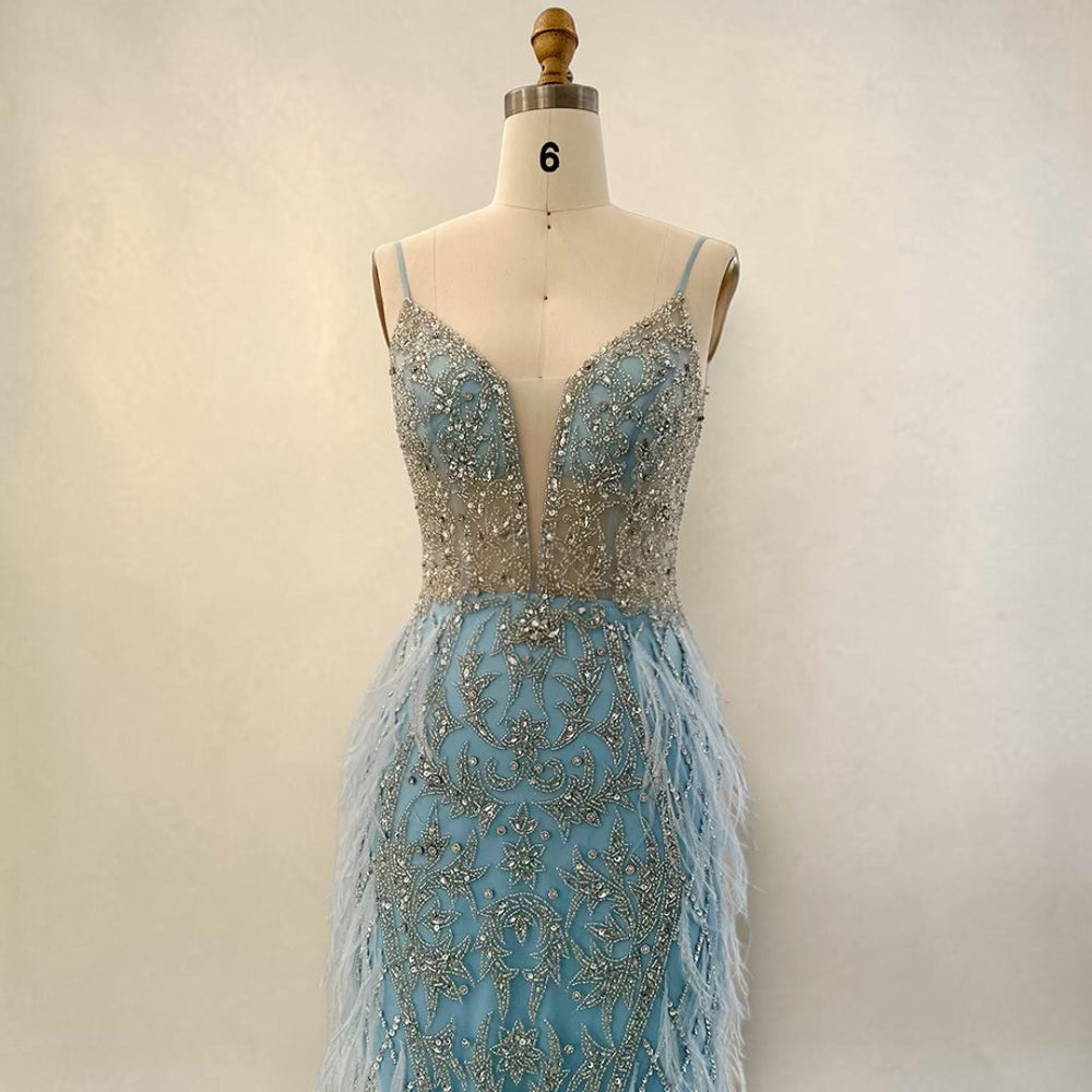 Ethereal Luxe Feather Gown - Blue