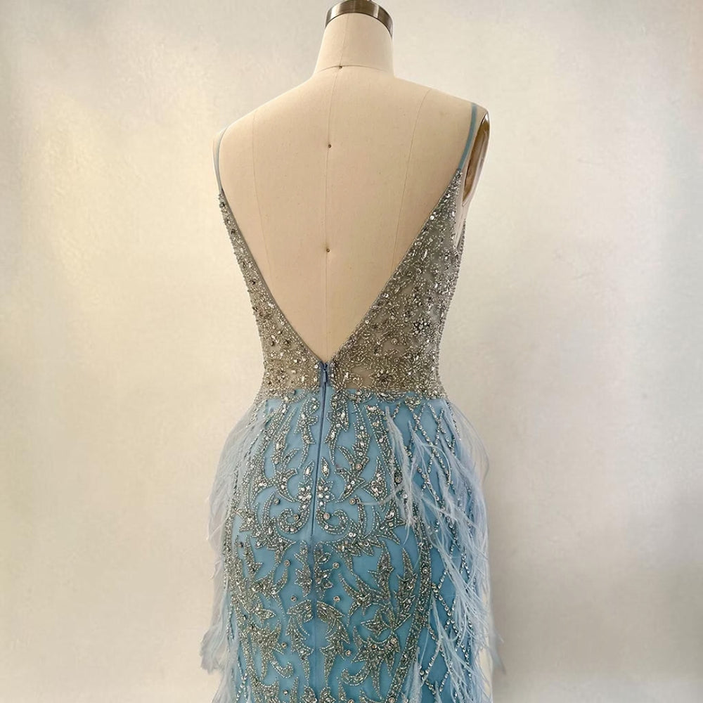 Ethereal Luxe Feather Gown - Blue
