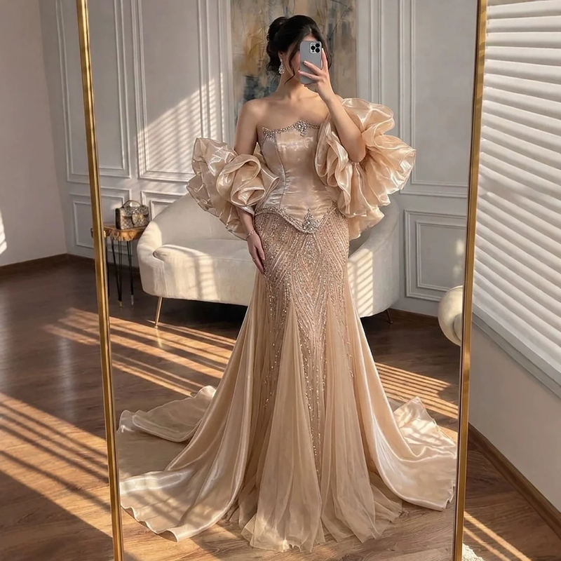 Celestial Duchess Couture Gown with Sculpted Organza Sleeves - Champagne Gold