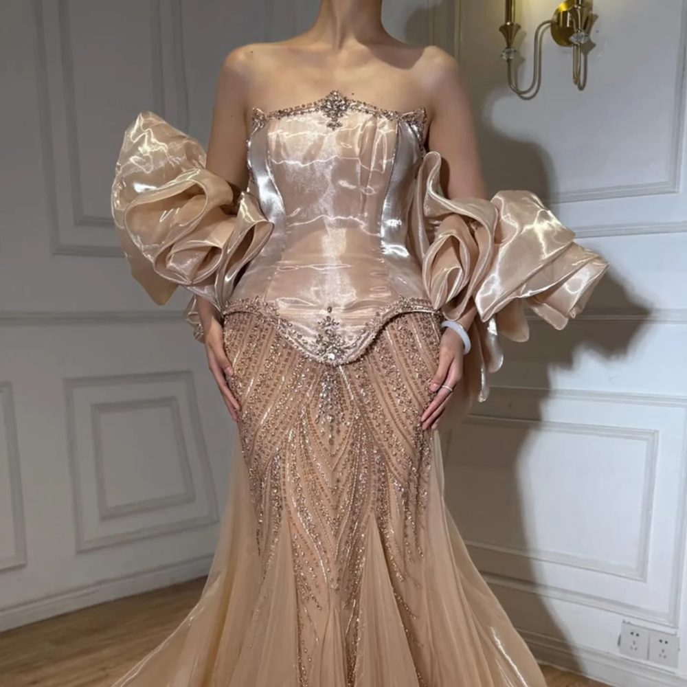Celestial Duchess Couture Gown with Sculpted Organza Sleeves - Champagne Gold