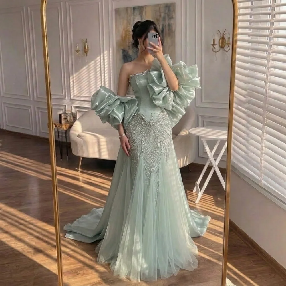 Celestial Duchess Couture Gown with Sculpted Organza Sleeves - Sage Green