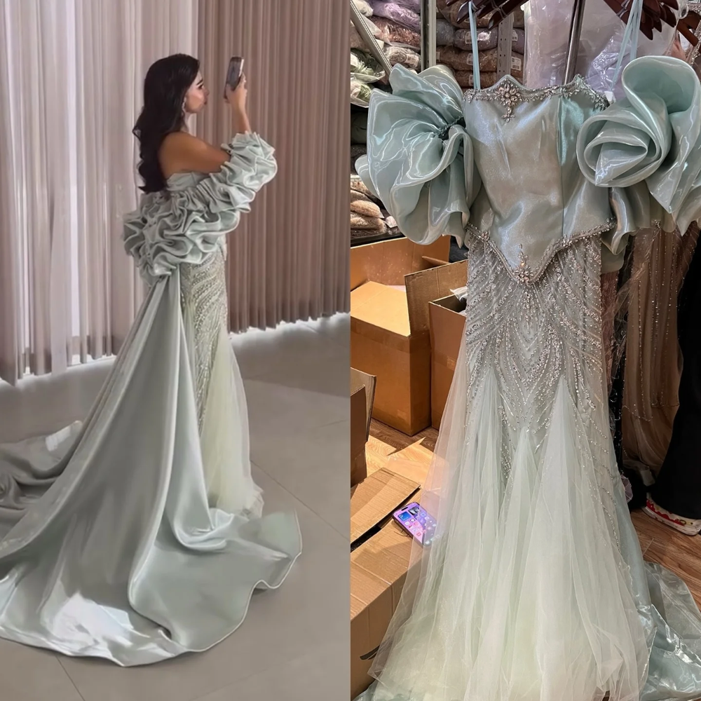 Celestial Duchess Couture Gown with Sculpted Organza Sleeves - Sage Green