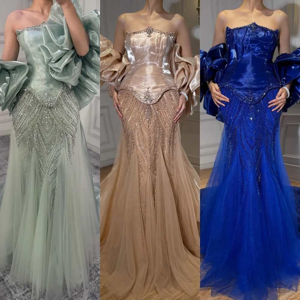 Celestial Duchess Couture Gown with Sculpted Organza Sleeves - Champagne Gold