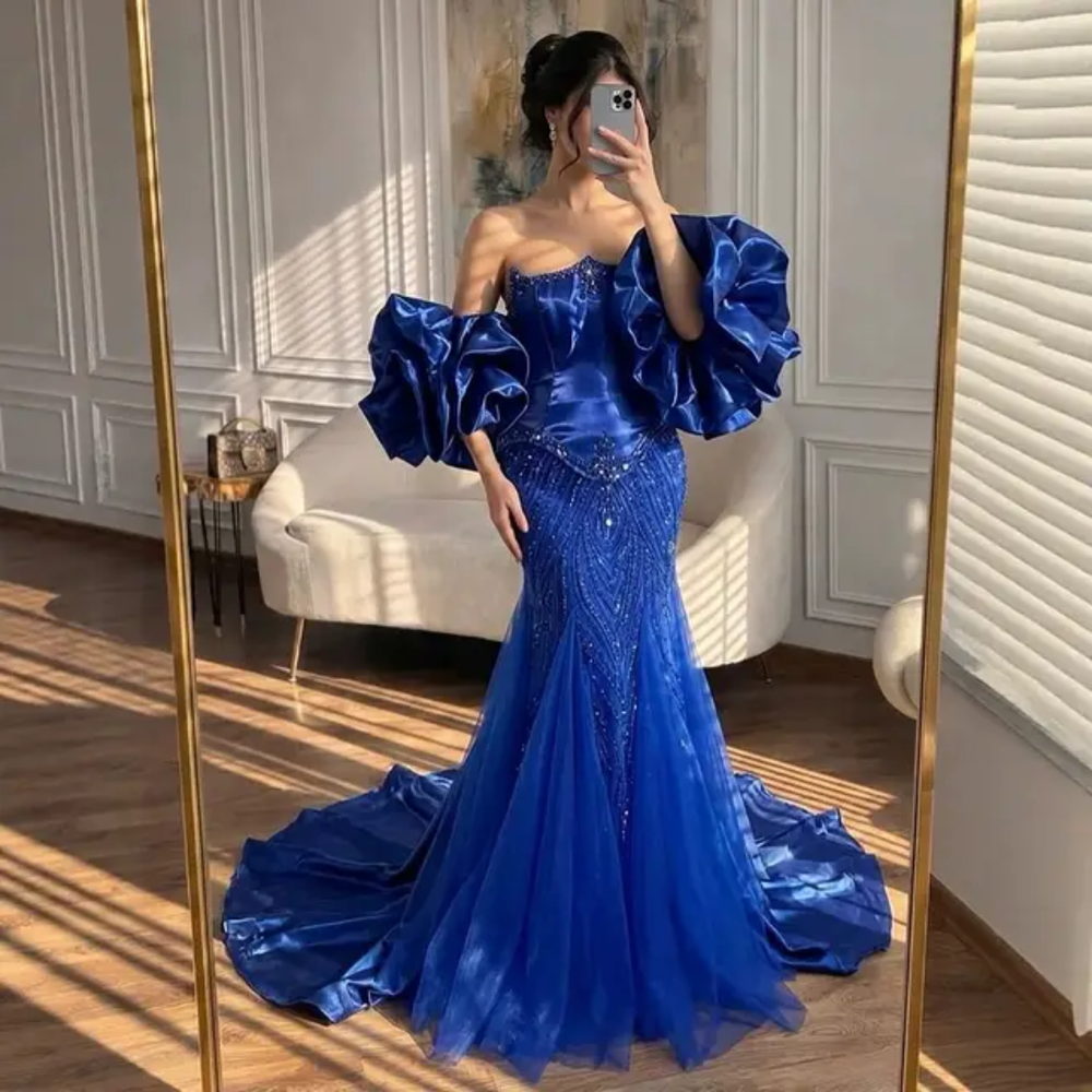 Celestial Duchess Couture Gown with Sculpted Organza Sleeves - Royal Blue