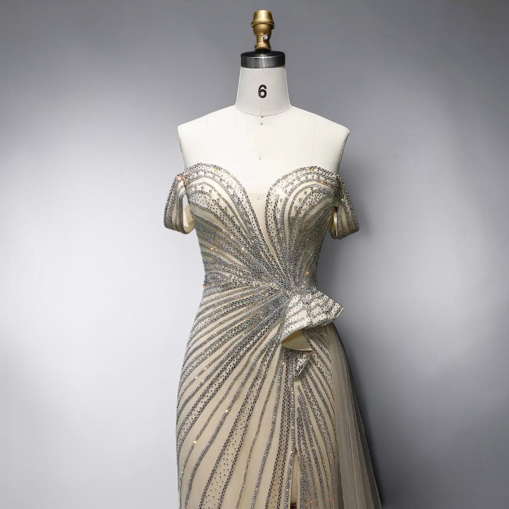 Celestial Radiance Crystal Couture Gown - Champagne Gold