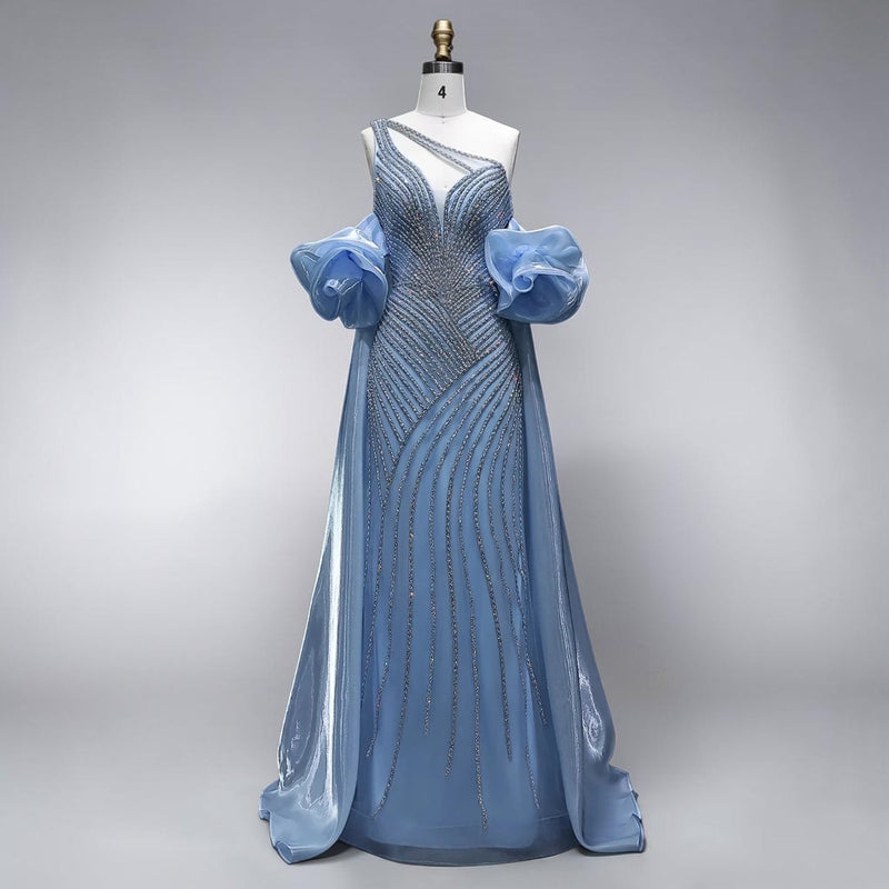 Celestial Cascade One-Shoulder Couture Gown - Blue