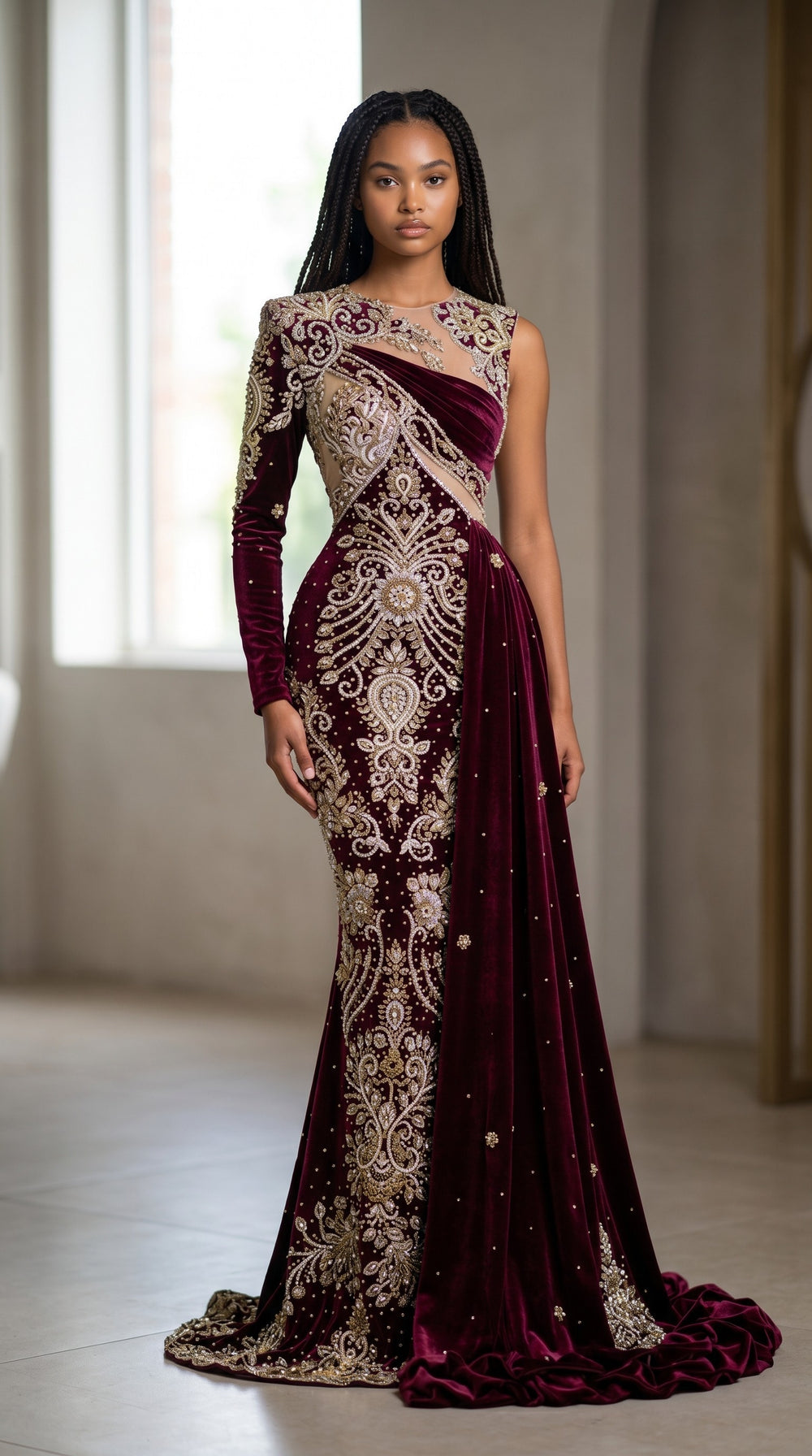 Bordeaux Empress Velvet Cape Gown