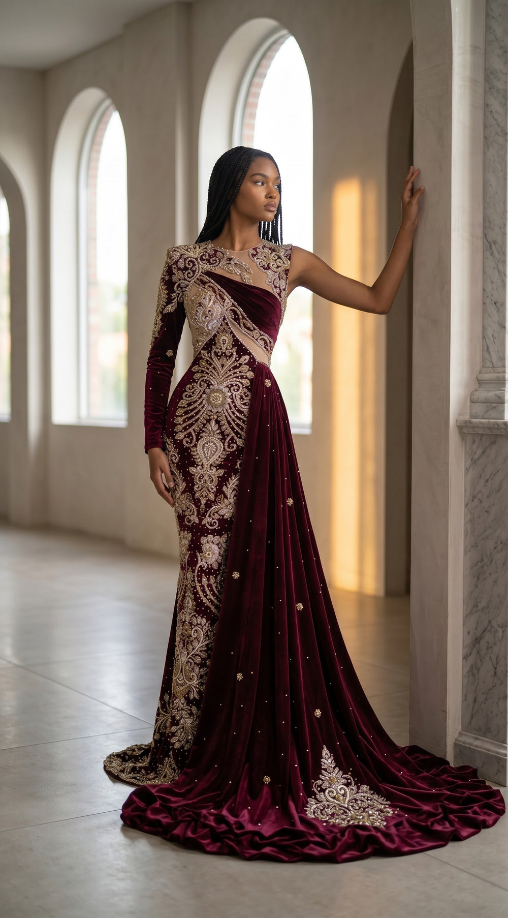 Bordeaux Empress Velvet Cape Gown