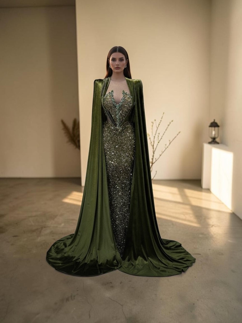 Emerald Sovereign Crystal Cape Gown