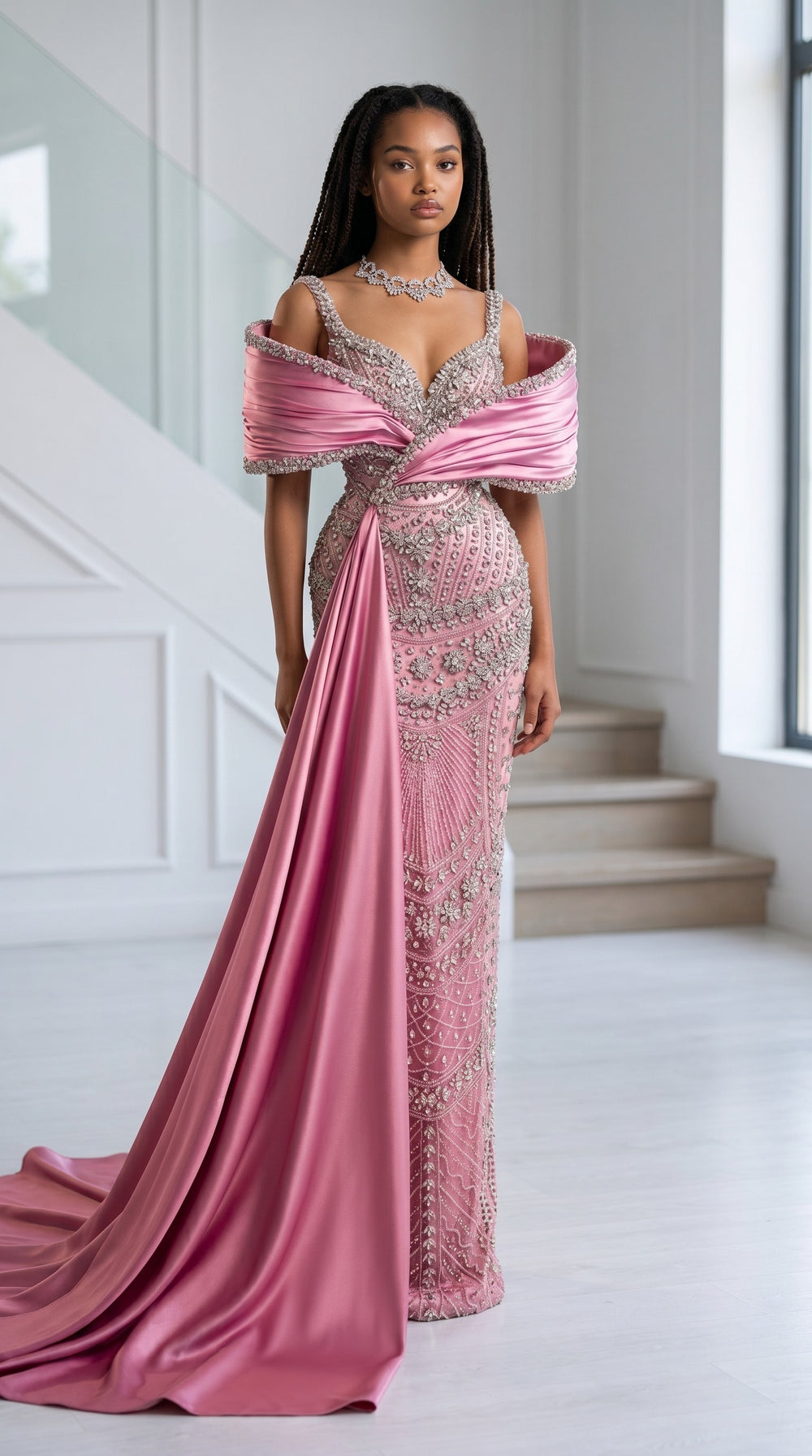 Blush Royale Crystal Draped Couture Gown