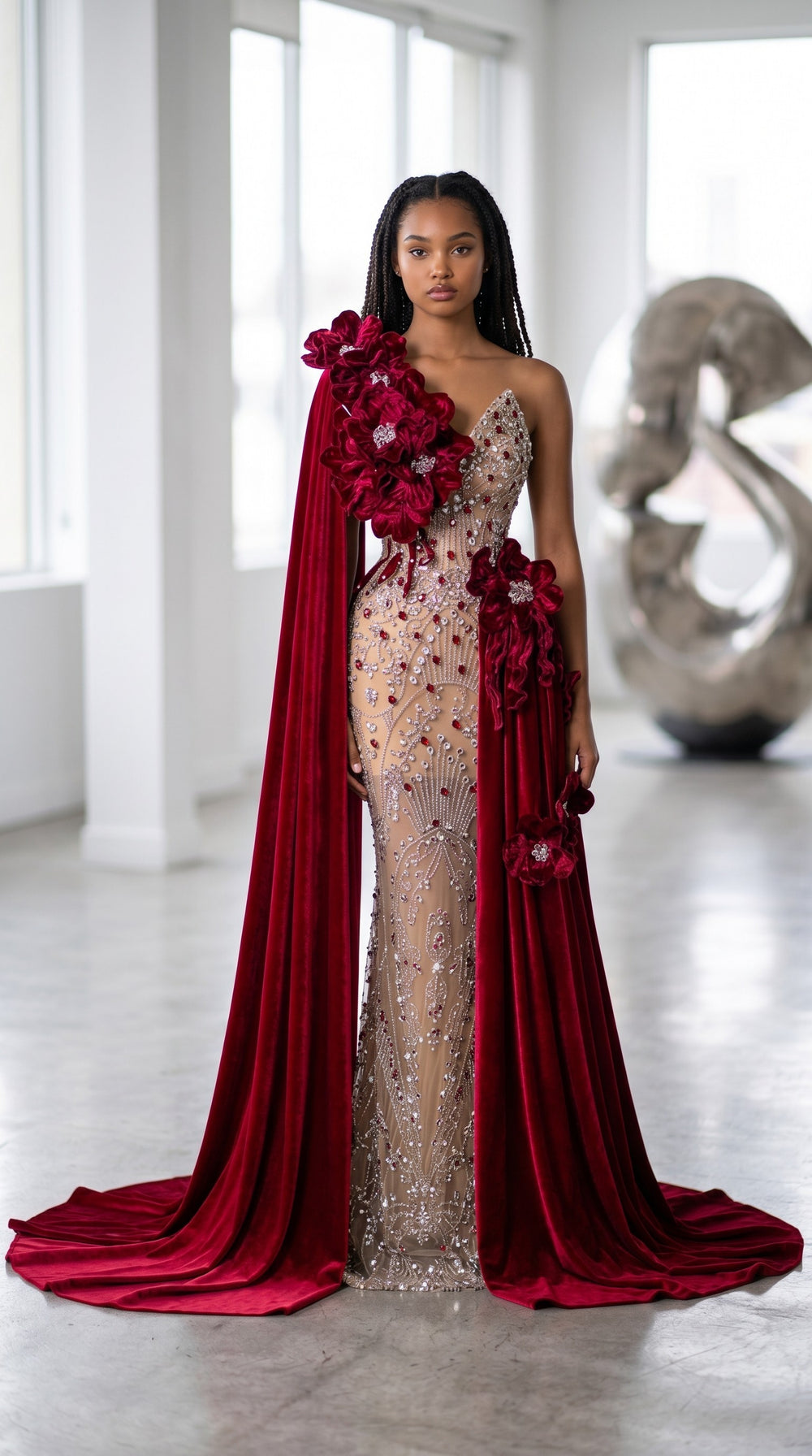 Crimson Royale Blossom Cape Couture Gown