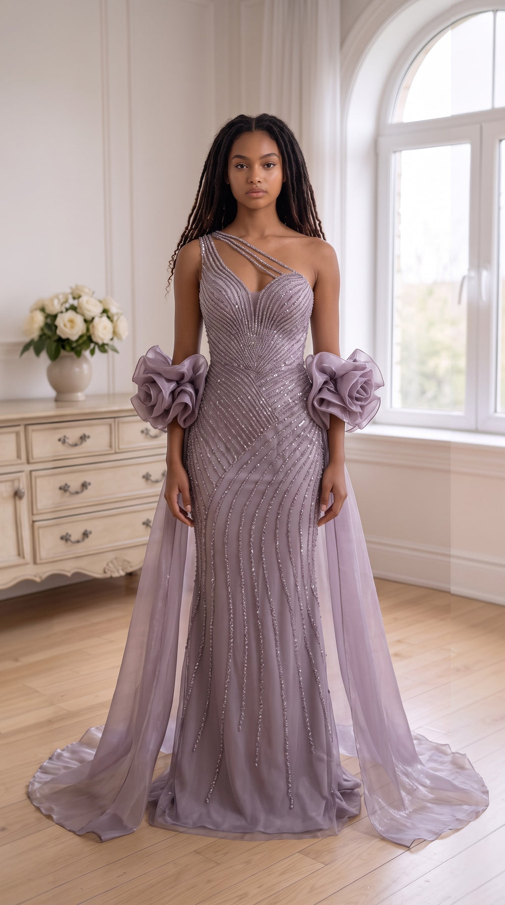 Celestial Cascade One-Shoulder Couture Gown - Lavender