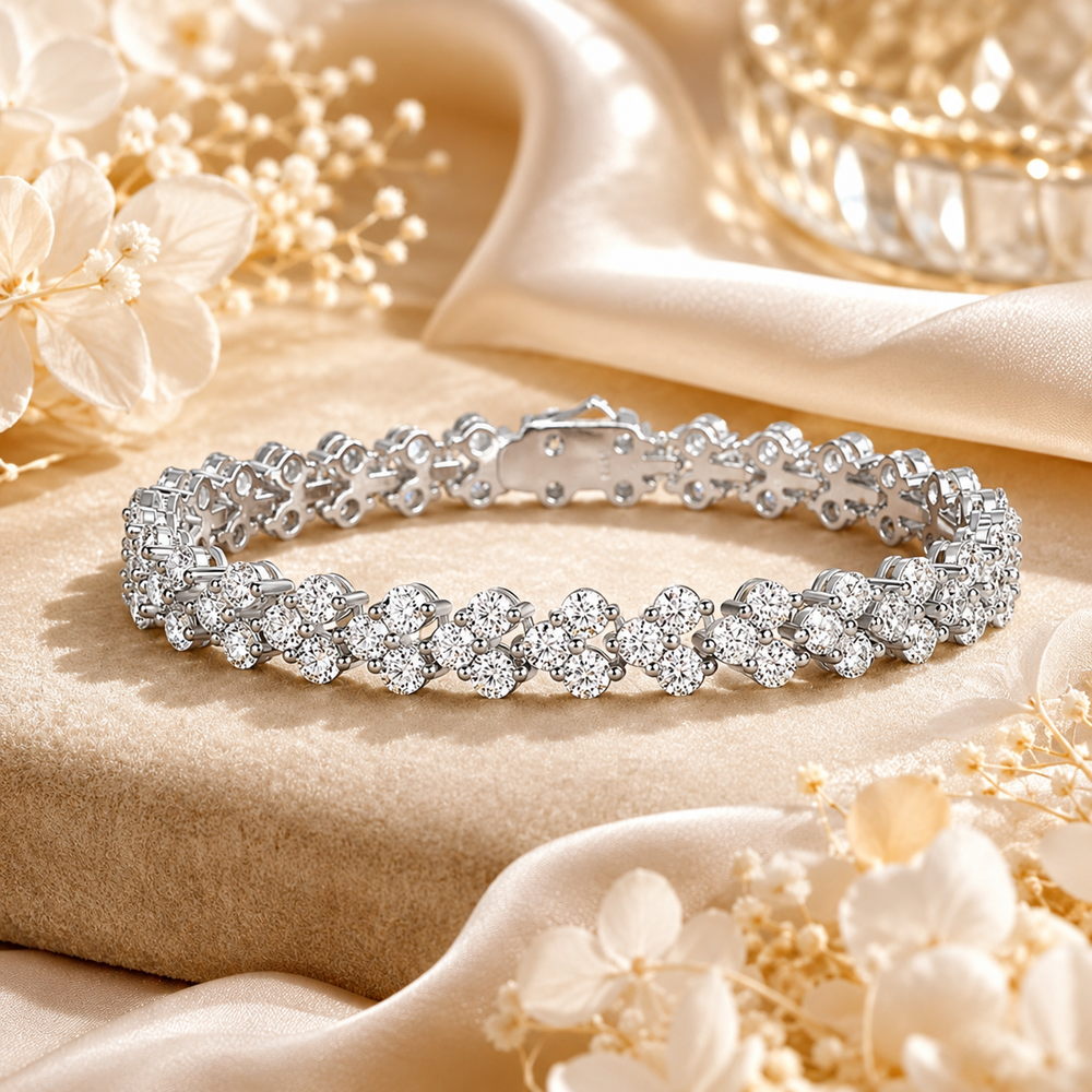 Close-up of round moissanite floral cluster bracelet setting