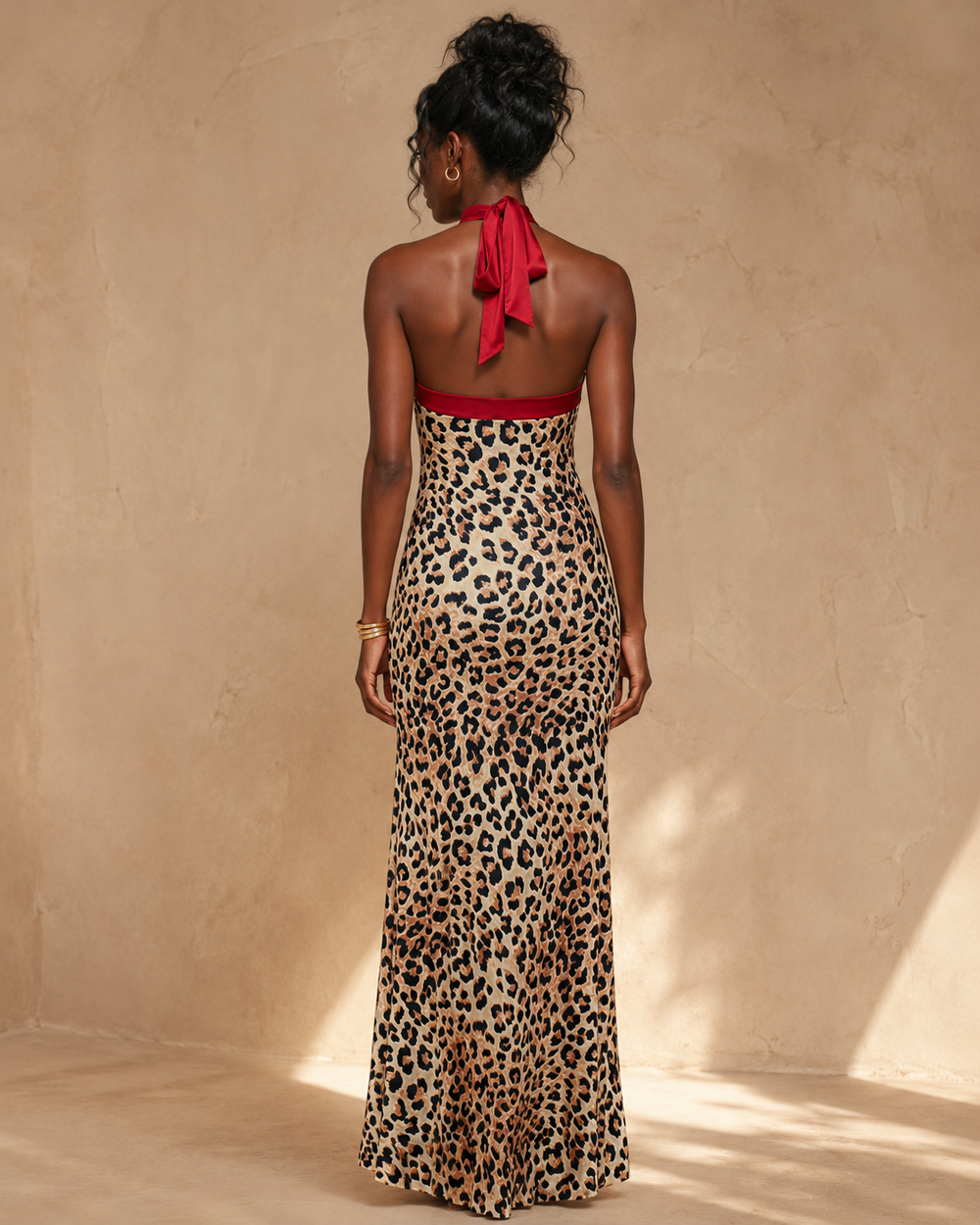 Savanna Muse Leopard Halter Mermaid Maxi Dress