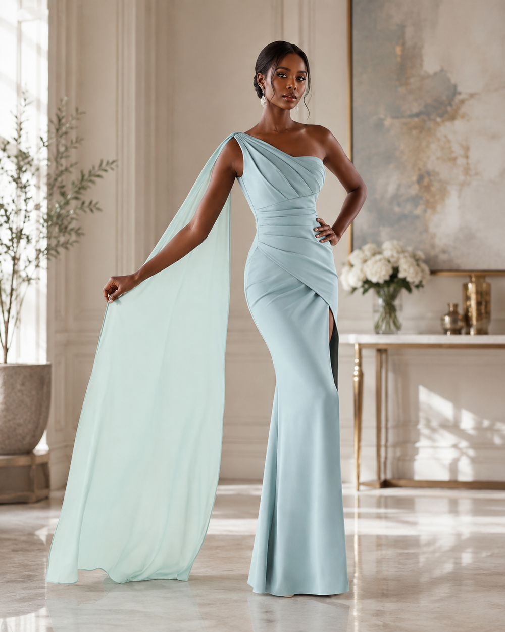 A woman models a light mint green one-shoulder evening gown in a bright, elegant room with classical columns and a console table.