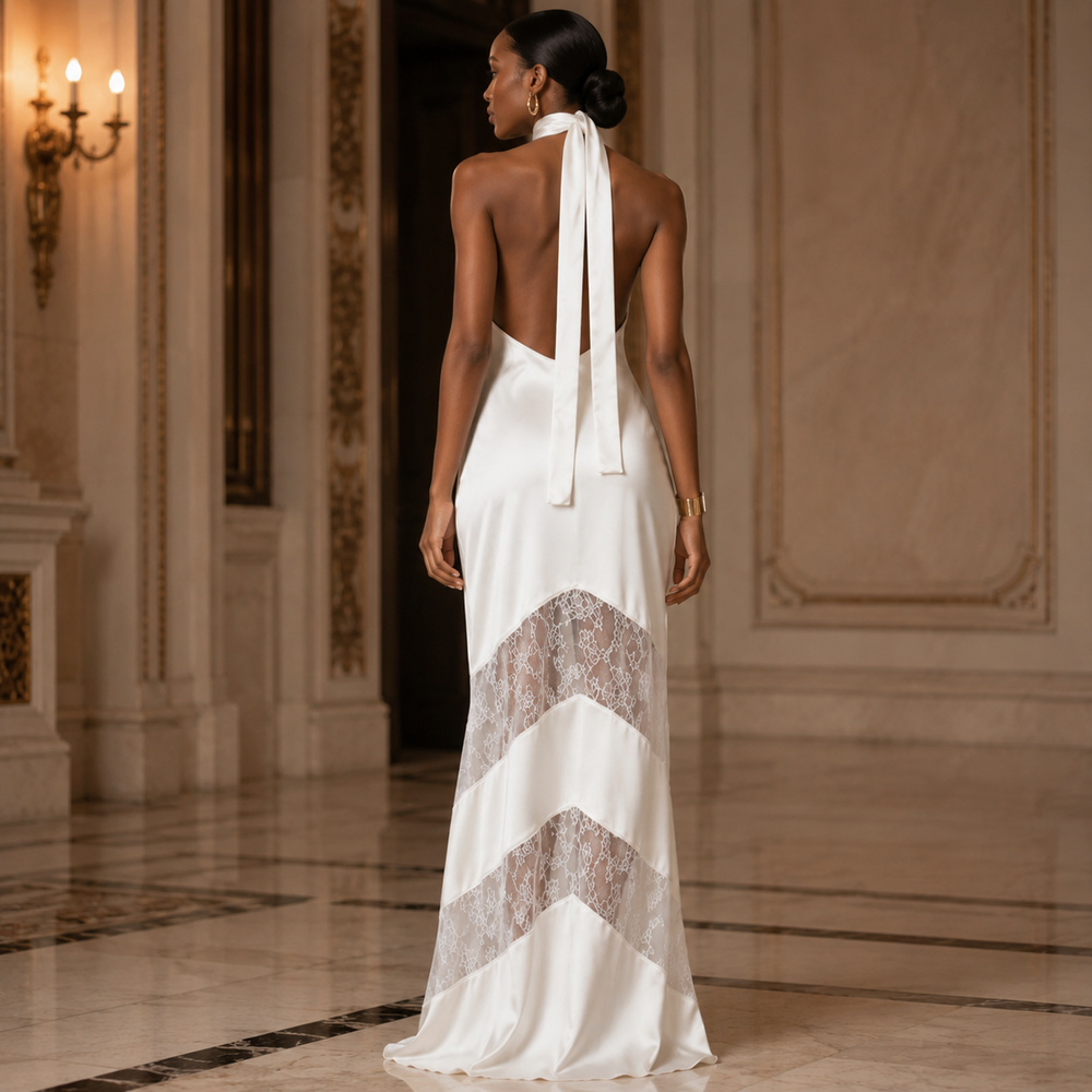 Noir Élan Lace-Inset Backless Maxi Dress