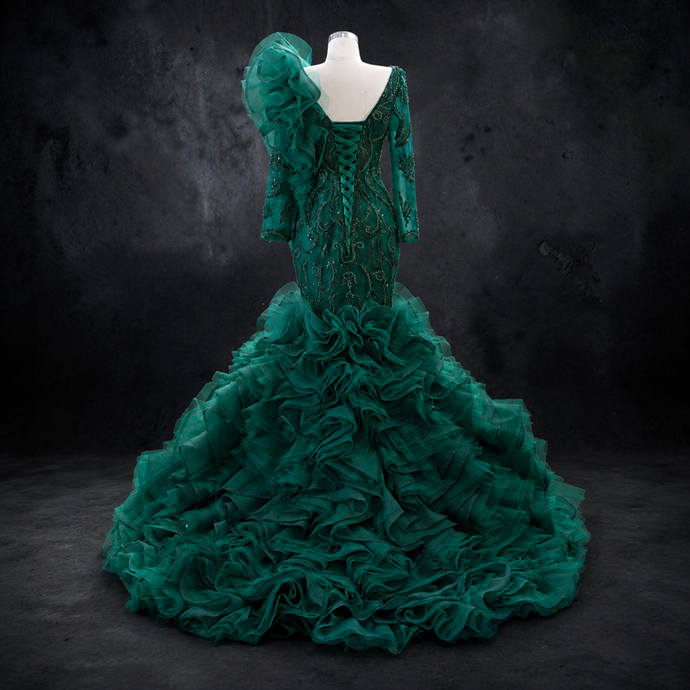 Emerald Étoile Ruffle Couture Mermaid Gown - Green