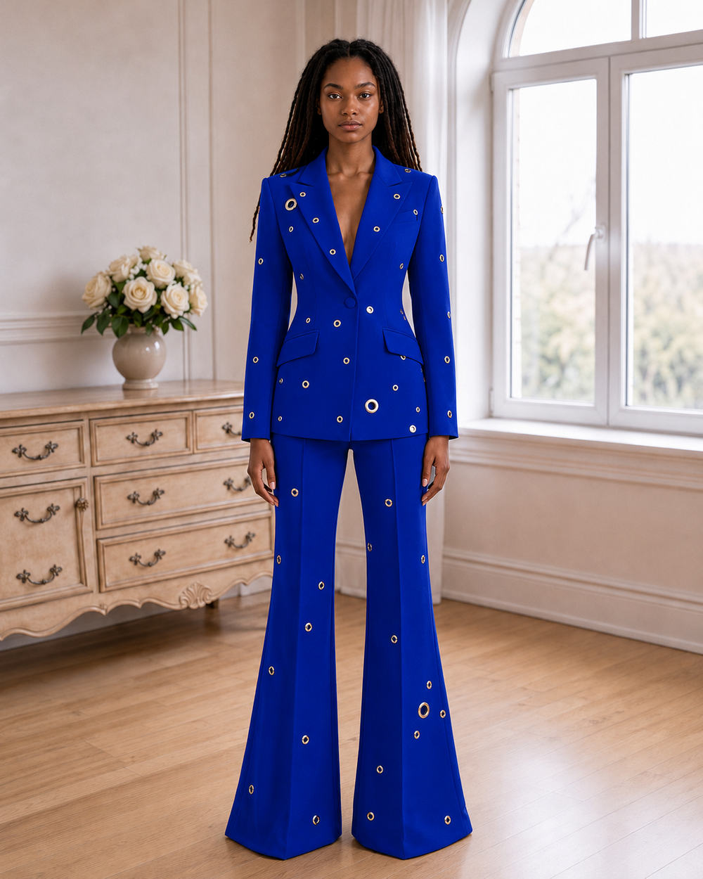 Aurelia Gilded-Eyelet Flare Suit Set - Blue