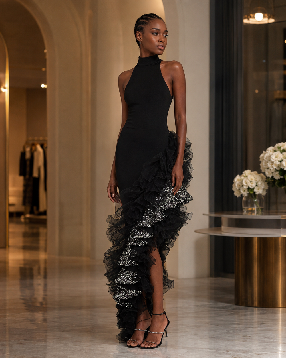The Vespera Noir Asymmetric Ruffle Gown