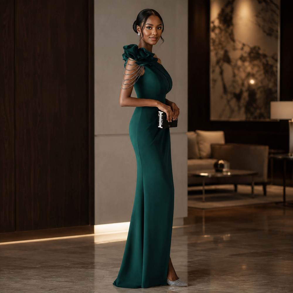 A woman stands in a modern indoor setting wearing a floor-length emerald green gown with a one-shoulder design, ruffled shoulder detail, and a fitted silhouette. She holds a small black clutch.