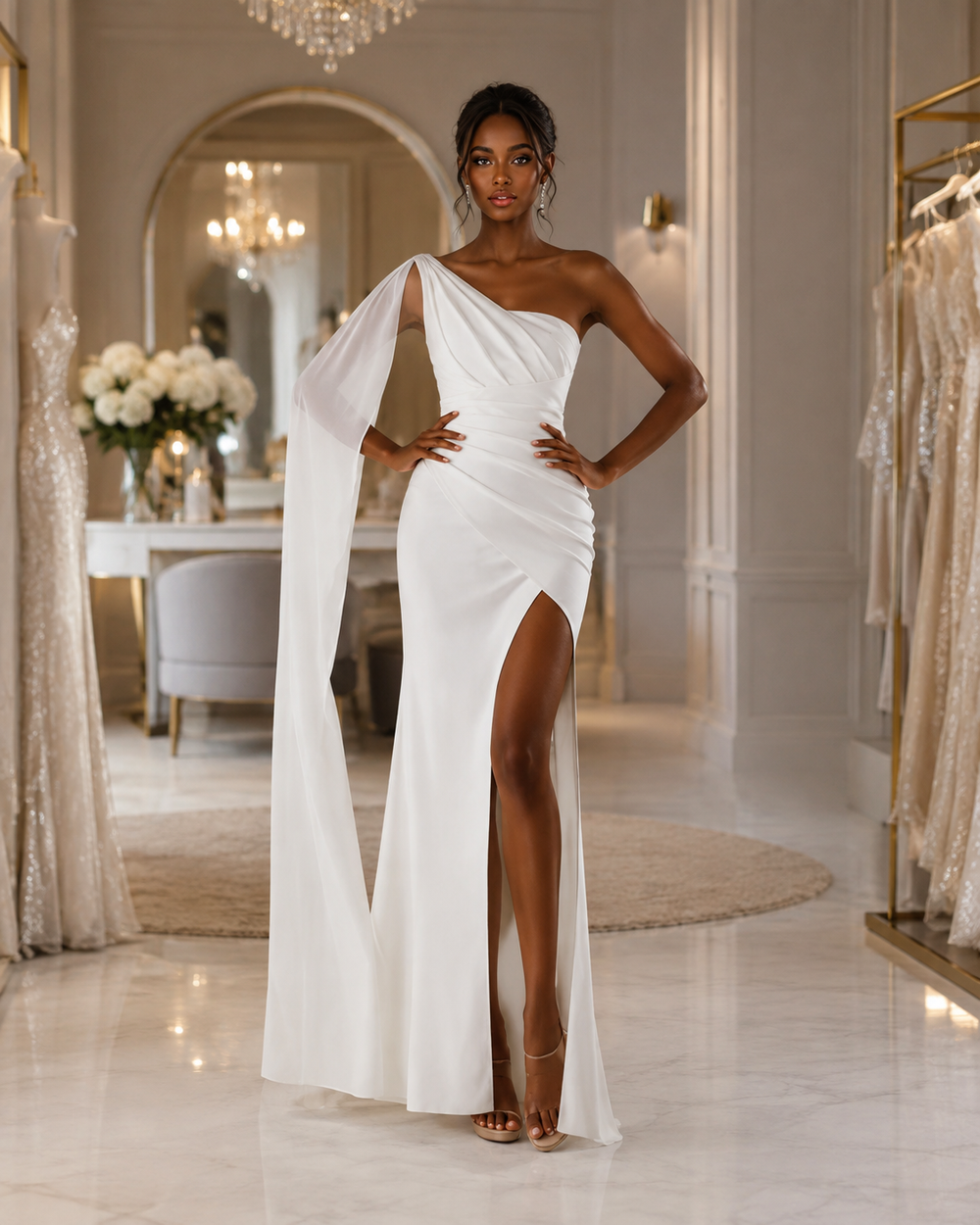 A woman models a floor-length white one-shoulder gown with a draped cape-like sleeve, gathered waist, and high front slit in an elegant indoor boutique setting.
