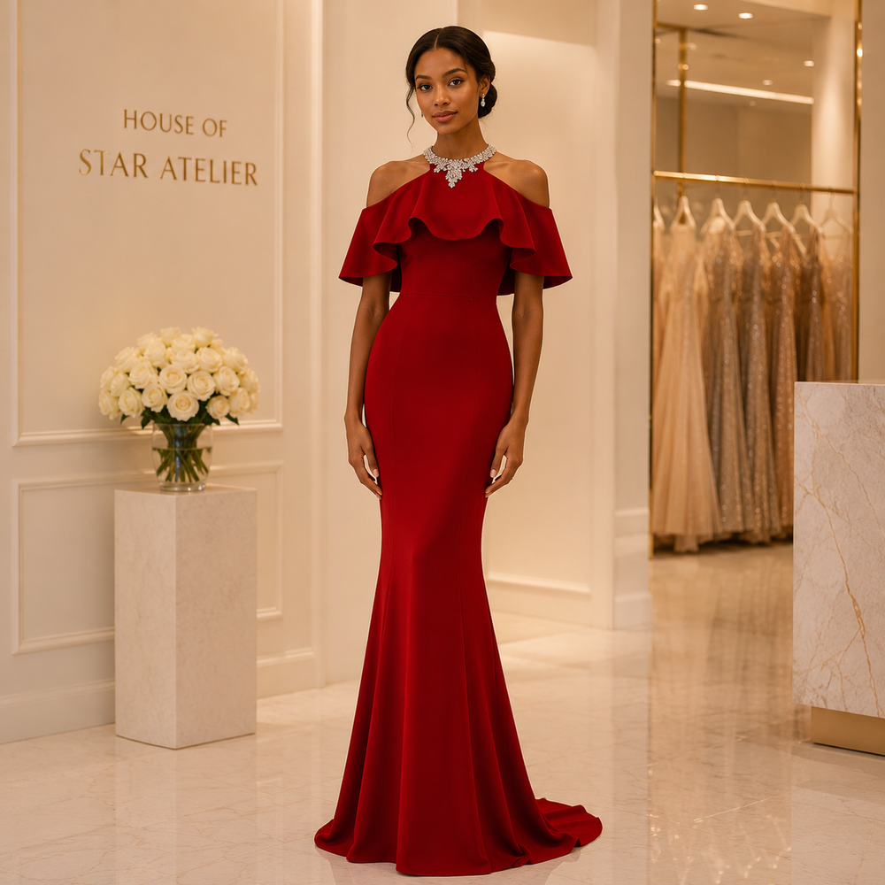 A woman stands in a bridal or formalwear showroom wearing a floor-length off-the-shoulder red gown with ruffled detailing and a slight train. The background shows cream walls, a flower arrangement on a pedestal, and racks of light-colored gowns.